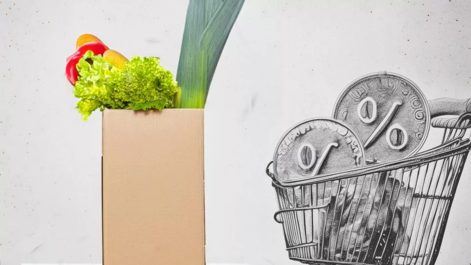 A basket with vegetables and a shopping cart, loaded with money. AI-generated illustration.