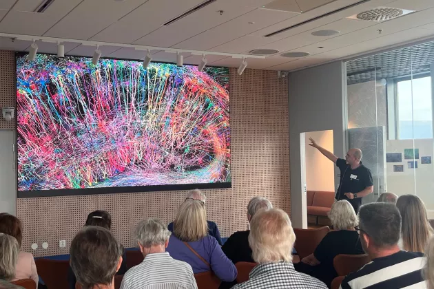 audience in front of a researcher and a big photo