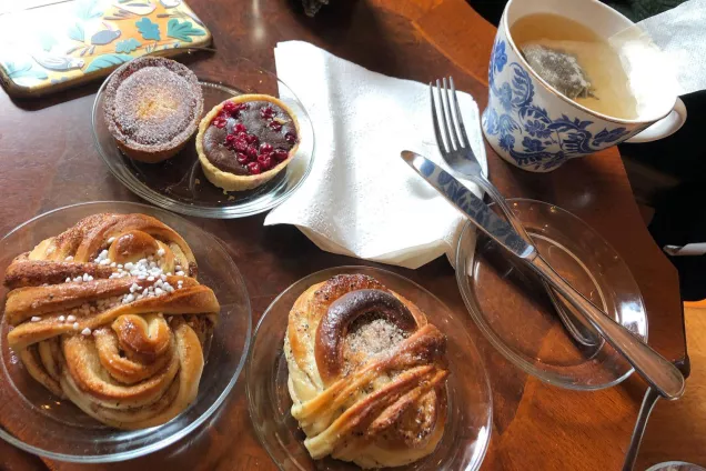 Cinnamon buns and tea at a local cafe