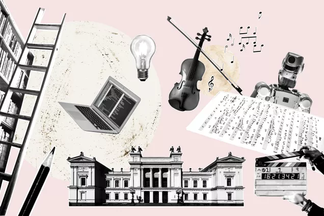 A graphic showing the Main University Building as well as cultural and scientific props such as a violin, a pencil, a robot, and books. Illustration by Catrin Jakobsson.