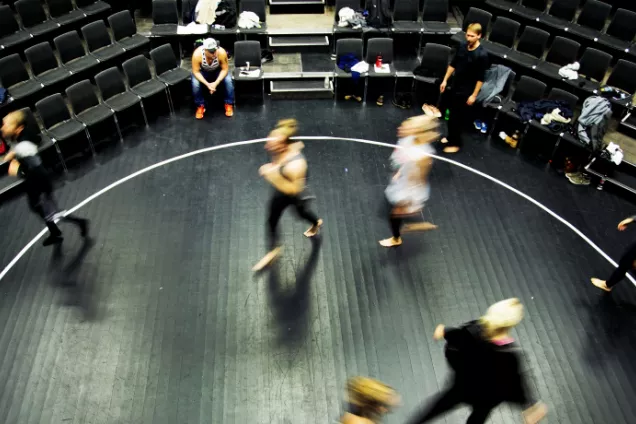 Students at the Theatre Academy doing movement exercises. Photo.