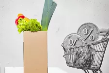 A basket with vegetables and a shopping cart, loaded with money. AI-generated illustration.