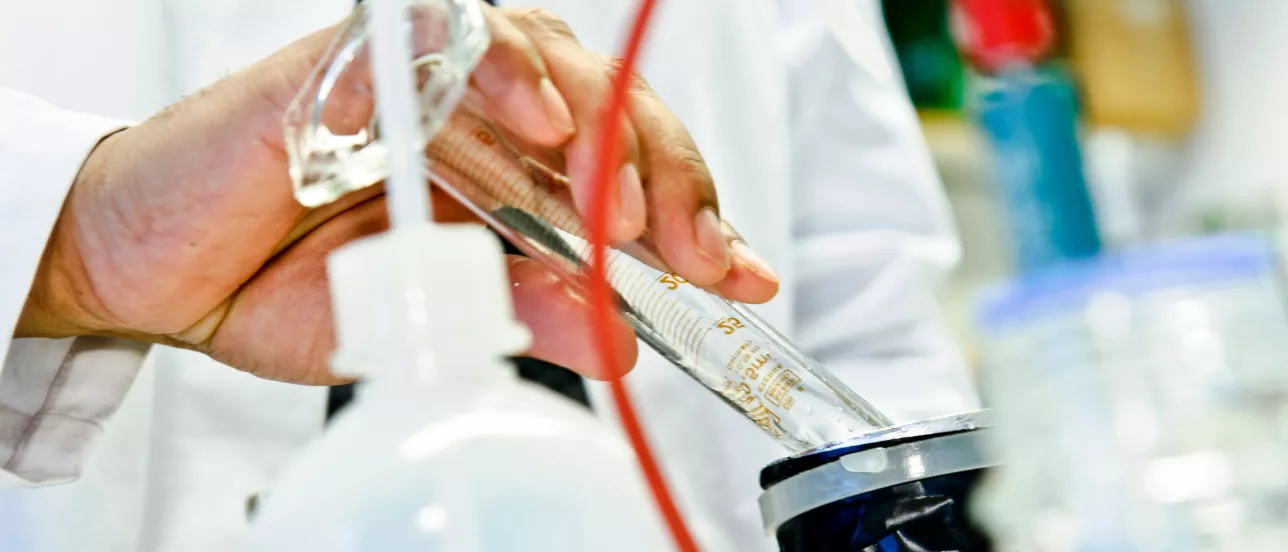 A hand holding a test tube in a lab