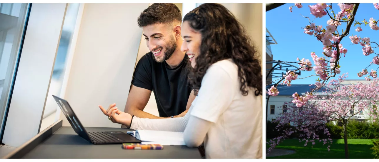 A collage of two students looking at a computer and a picture of Campus Helsingborg. Photo.