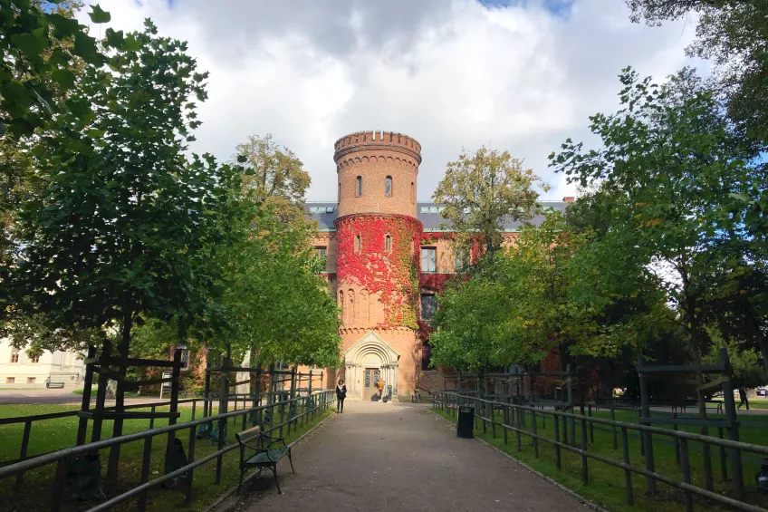 Kungshuset covered in autumn leaves with a path and green leading up the entrance