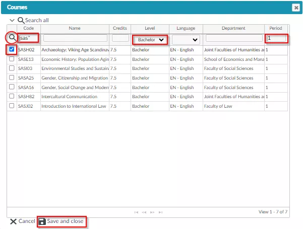 A print screen of the page in the SoleMove system where you select main choice courses.