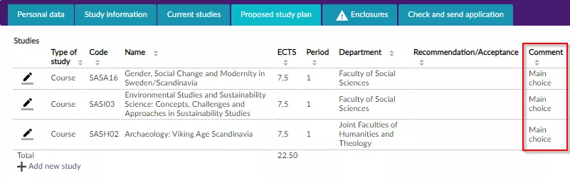 A print screen of the page in the SoleMove system where you select main choice courses.