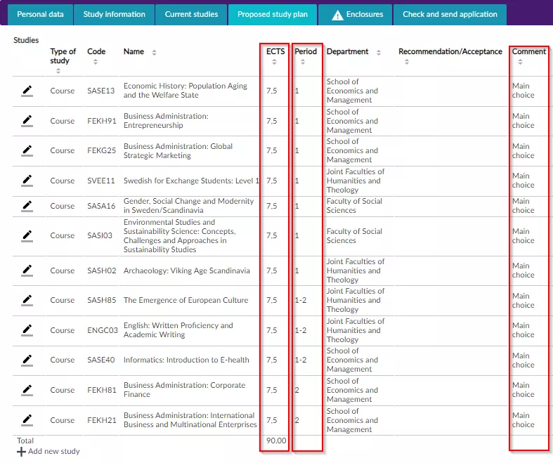 A print screen of the page in the SoleMove system where you select main choice courses.