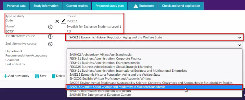 A print screen of the page in the SoleMove system where you select alternative choice courses.