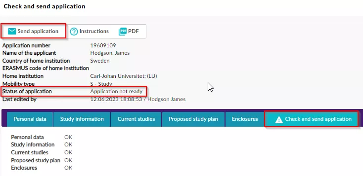 A print screen of the page in the SoleMove system where you check and submit your application.