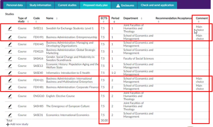 A view in the SoleMove application system where you can pick courses. Screenshot.