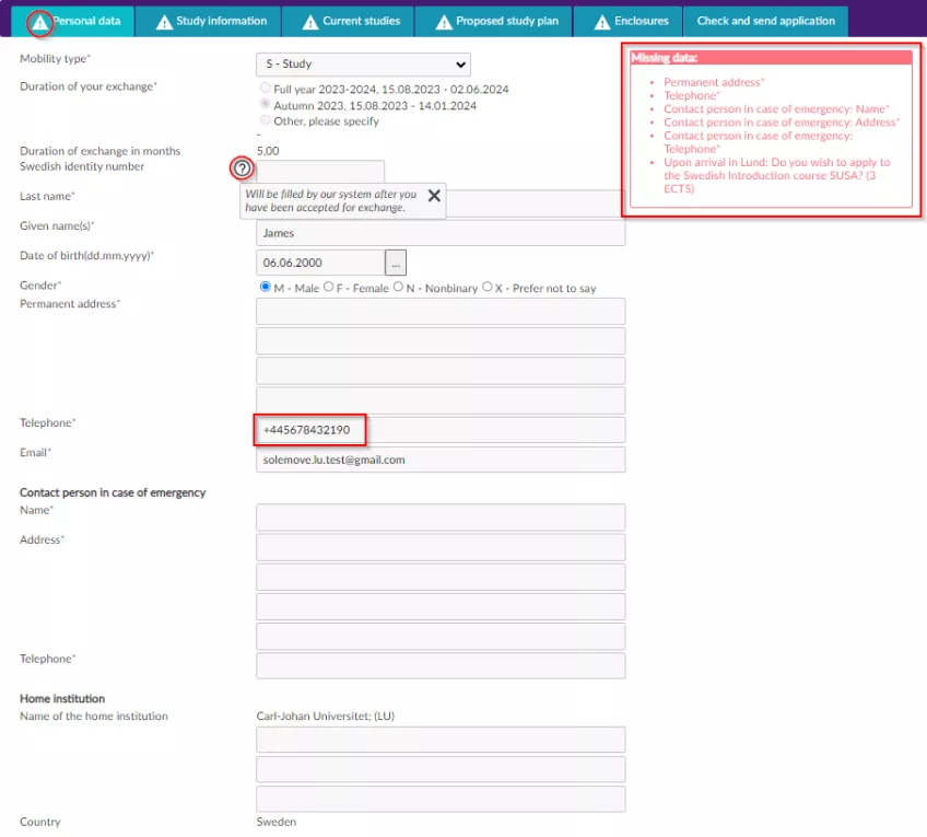 Print screen of the SoleMove system where you enter personal details.