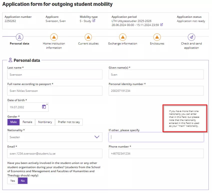 Personal data in SoleMove. Screenshot.