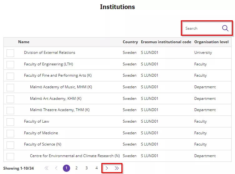 List of institutions in SoleMove. Screenshot.