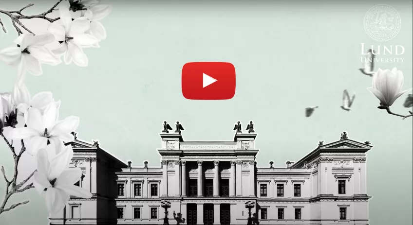 An illustration of Lund University's main building with a YouTube icon.